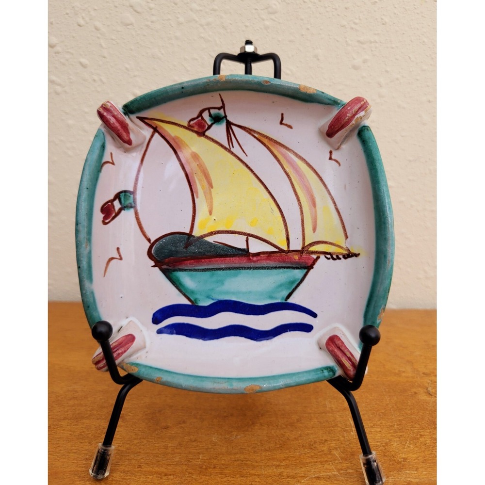 Vintage Trinket Dish Handpainted Glazed Sailboat Ashtray Signed Italy 1968